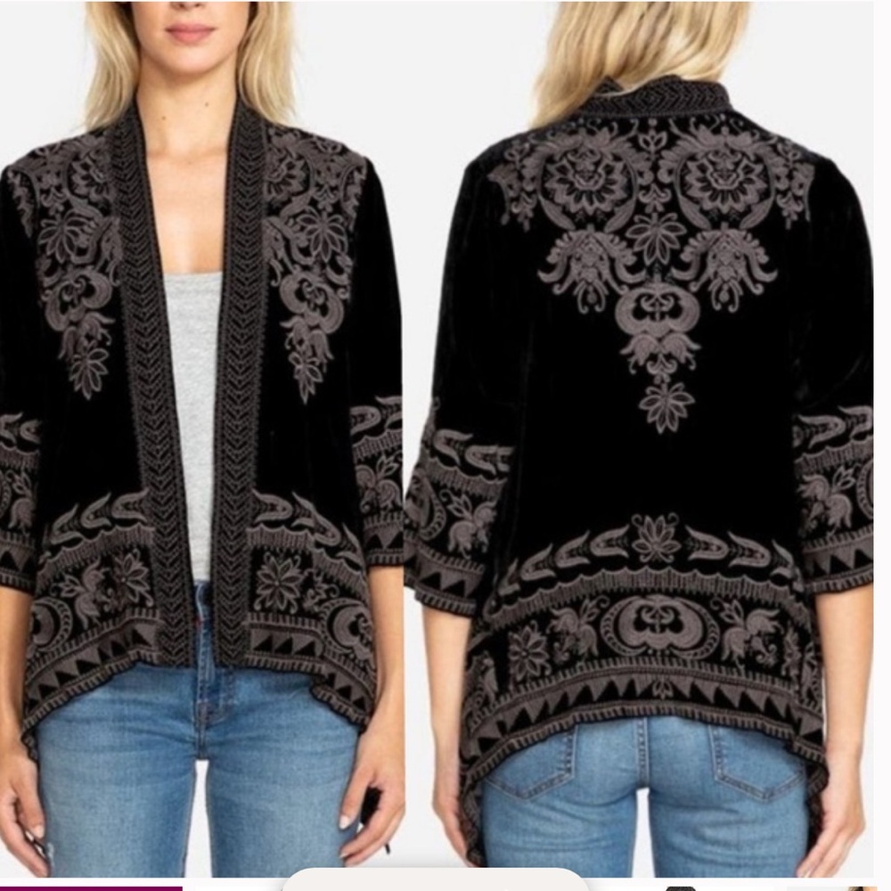 Johnny Was Hirsh heavily Black Embroidered Velvet cardigan